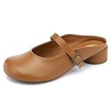 UBFEN Womens Mary Jane Mules Slip On Dressy Slides Chunky Low Heel Comfortable Round Toe Shoes Brown Size US 8