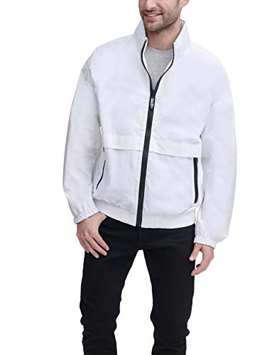 DKNY Men's Water Resistant Taslan Windbreaker Jacket, White, Large