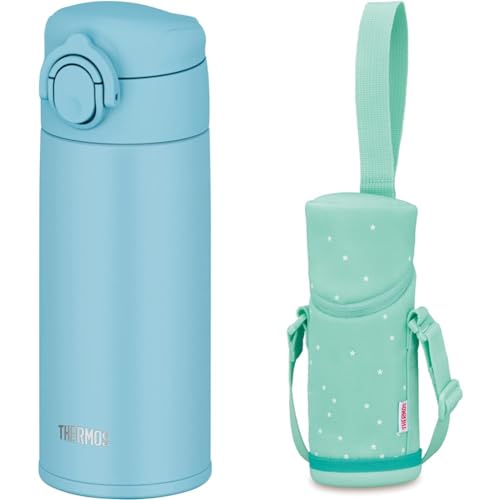 【セット買い】【食洗機対応モデル】サーモス 水筒 真空断熱ケータイマグ 350ml ライトブルー 本体もパーツもすべて食洗機対応 ワンタッチオープン ステンレス ボトル 保温保冷 JOK-350 LB + サーモス マイボトルポーチ ストラップ付き 350