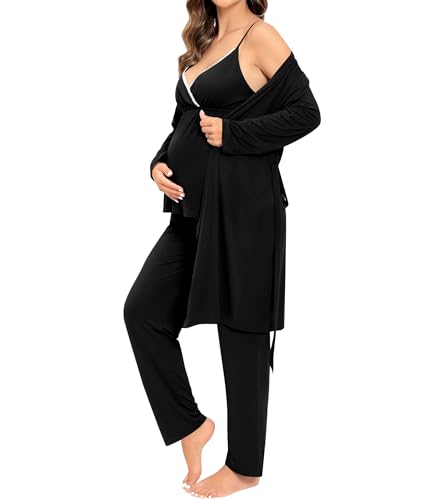 Image of SWOMOG Maternity Nursing Robe Set 3 Piece Breastfeeding Pajamas 3 in 1 Labor Delivery Sleevless Tops&Long Pants Pregnancy Pjs
