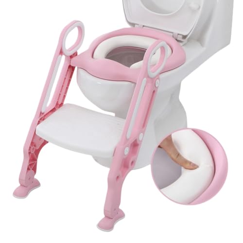 Kirnuo トイレトレーニング 補助便座 おまる キッズ用便座 子どもトイレ 滑り止め 尿がしぶき防止 取外し可能 ステップ式 便利で快適なソフトクッション折りたたみ 踏み台 (ピンク+ホワイト,ソフトクッション)