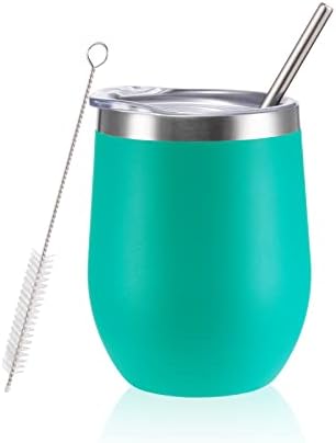 FristChoice 12 oz Insulated Wine Tumbler with Lid and Straw,Stainless Steel Stemless Wine Tumbler Glasses Double Wall Vacuum Wine Cups Tumbler Bulk for Coffee,Champaign,Cocktail,Office（Mint Green,1）