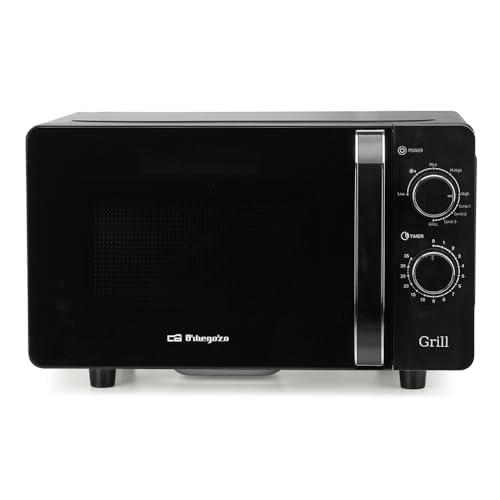Microondas Orbegozo MIG 2071 CE, 20 Litros, 700 W, Sin plato giratorio, apta para platos cuadrados, 5 niveles de potencia, función grill, negro.