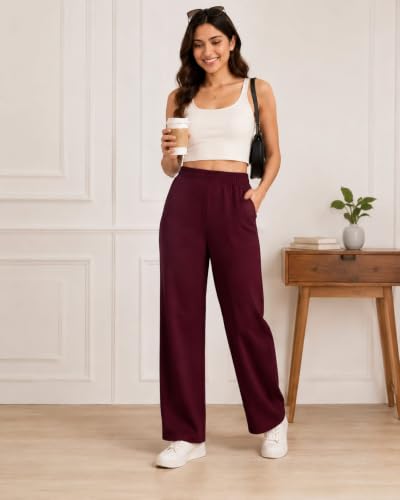 Image of Women's Mid Rise Wide Leg Trousers with Elastic Waist & Pockets