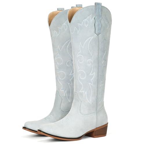 Image of Suede Cowboy Boots for Women Knee High Western Cowgirl Boots | Pointed Toe Low Heel Classic Embroidered Boot