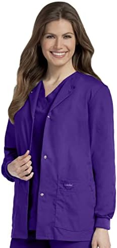 Landau Essentials Relaxed Fit 4-Pocket Snap-Front Scrub Jacket for Women 7525, Grape, Large