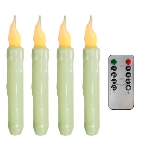 Image of Real Wax LED Flameless Short Taper Candles with Remote, 6.7 Inches Green Candlesticks, Dripless Battery Operated Flame Rustic Primitive Flameless Spring Candles for Home, Pack of 4