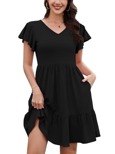 HAPYWER Sommerkleider Damen Leicht und Luftig V-Ausschnitt Midi Kleid mit Rüschen Ärmel Kurzarm Blumen Kleid mit Tasche