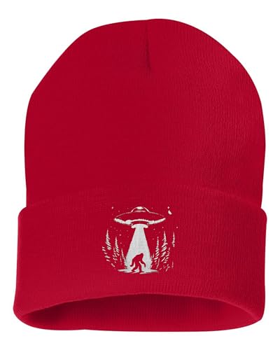 One Size Red Cuffed UFO Capturing Bigfoot in The Forest Funny Sasquatch Embroidered Cuffed Knit Beanie Cap