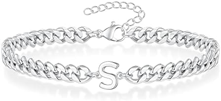 Mens Bracelets, Silver Bracelet for Men Cuban Link Bracelet for Mens Chain Bracelet Letter S Mens Silver Bracelet Initial Bracelet for Mens Jewelry Meaningful Gifts for Boys Mens Silver Chain Bracelet