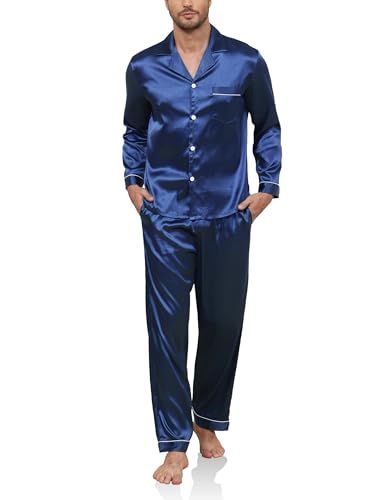 Reliwel Pijama Hombre Verano Satén Pijama de Seda para Hombre Manga Larga con Botones y Pantalones Largos Ropa de Descanso Conjuntos de 2 Piezas S-XXL