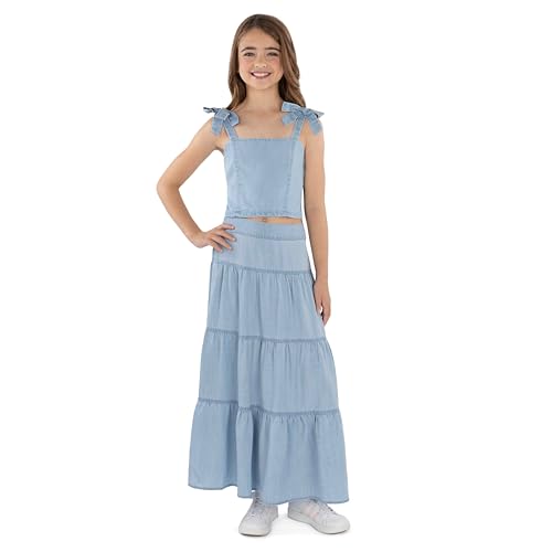 Speechless Girls' Sleeveless Cropped Top and Maxi Tiered Skirt Set, Light Denim, Large