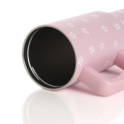 Image of House of Quirk 1200ML Stainless Steel Tumbler with Handle & Lid, 2 Straws - Large Travel Mug Water Cup for Gym, Office & Outdoor Use (Pink Daisy)