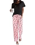 Ekouaer Pajama Sets for Women Round Neck Pjs Short Sleeve Sleepwear with Long Pants Loose Lounge Sets Pink-black Heart Medium