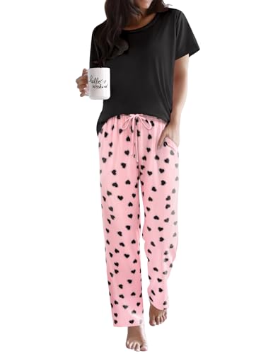 Image of Ekouaer Pajama Sets for Women Round Neck Pjs Short Sleeve Sleepwear with Long Pants Loose Lounge Sets