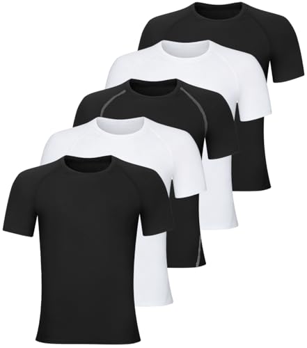 CYPER SUN 5 Pack Boys Compression Shirt Short Sleeve - Youth Kids Quick Dry Athletic Undershirt Basketball Football Sports Base Layer T-Shirts for Boys Toddler 3Black2White M