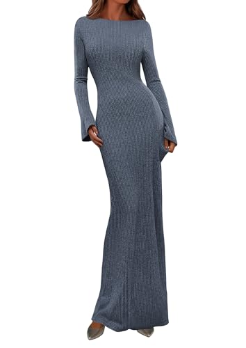 PRETTYGARDEN Womens Fall Fashion 2026 Long Sleeve Maxi Dress Ribbed Knit Boat Neck Bodycon Casual Dresses Going Out Outfits (Dusty Blue,Medium)
