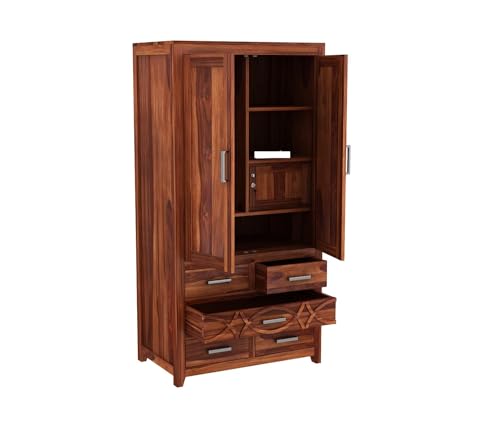 Image of Solid Sheesham Wood 5-Drawer Wardrobe with 4 Shelves & Locker Storage | Almirah for Bedroom - Solid Wood Large Cupboard | Honey Finish