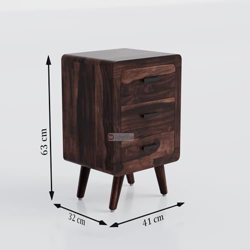 Image of DRIFFTINGWOOD Alicia Solid Sheesham Wood Handcrafted Bedside Table End Table or Nightstand with 3 Drawers, Lamp Table, Walnut Finish