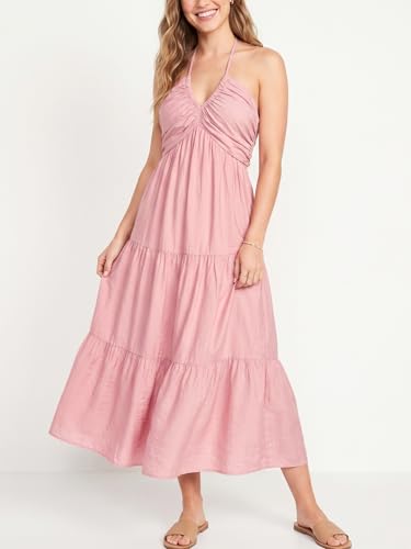 Image of Women's Casual Halter Tiered Vacation Maxi Dress with Pockets