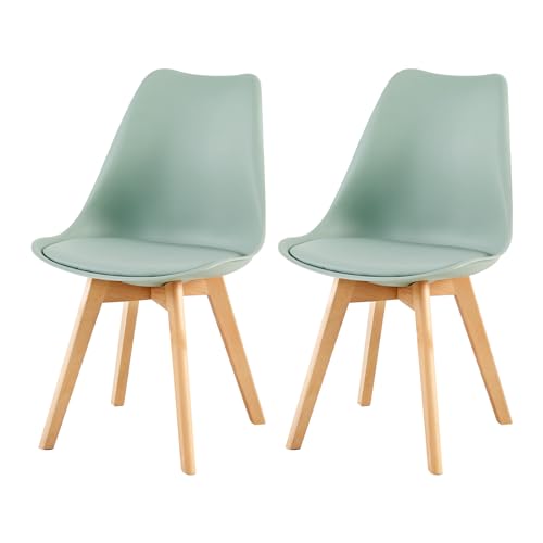 EGGREE Pack 2 Sillas de Comedor Sillas Cocina Nordica con Asiento Tapizado de Cuero PU y Patas de Haya, Verde Matcha