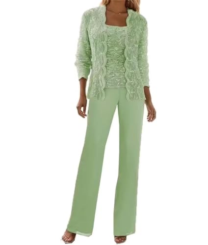 Image of 3 Pieces Chiffon Lace Mother of The Bride Pant Suits with Jackets Sequins Wedding Guest Dresses for Women