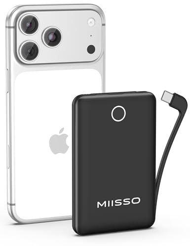 miisso 10000mAh Compatible with iPhone 15/16/17 and Android, Slim Portable Charger with Built in Cable, Power Bank Travel Charger External Battery Pack for Phone, 3 Output USB Type C Cord, Black