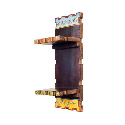 Image of AAKRITI ART CREATIONS Hand-Painted Brown Wooden Wall Magazine Holder | Decorative Storage Organizer, Floral Art, Matte Finish | Wall Mount Shelf for Home