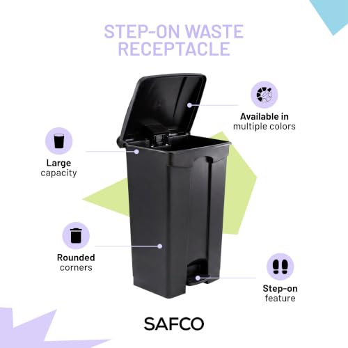 Image of Safco Large Step On Plastic Trash Can with Foot Pedal, Black, 23 Gallon | Commercial Foot Pedal, Tight-Closing Lid Contains Odors, Built-In Bag Hooks, Durable Plastic, for Kitchen or Outdoor Use