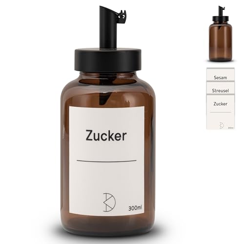 Koffs Design Azucarero con dosificador de acero inoxidable – esparcidor individual para azúcar, espolvoreador, sésamo, semillas y más, moderno azucarero de cristal con protección UV – con pegatinas