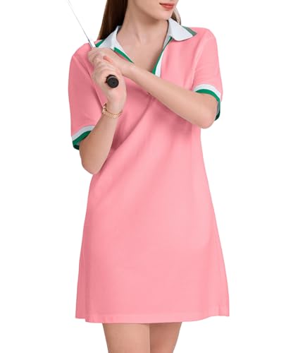 Image of WOWULOVELY Polo Dress for Women V Neck Casual Short Sleeve Mini Shirt Dress Flowy Contrast Color Golf Tennis A Line Dresses