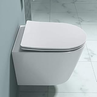 Durovin Bathrooms Ceramic Rimless Wall Hung Toilet - Short Projection - Include WC Pan with Soft Close Seat - Quick Release - 363 x 483 x 360mm (WxDxH)