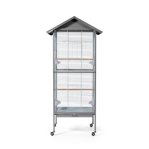 Image of Prevue Pet Products Aviary Large Flight Cage - Powder‑Coated Standing Metal Bird Cage with Wheels, Perches, Feeders & Removable Tray, Ideal for Parakeets, Cockatiels, Canaries & Small Birds - Grey