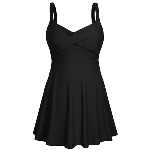 HUSKARY Plus Size Swimsuits for Women Swim Dress Tummy Control Two Piece Bathing Suit Flowy Tankini with Boyshorts A-black 16 Plus