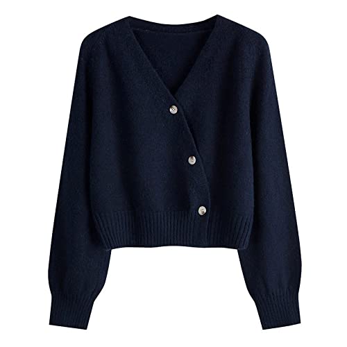 MIYAA Strickjacke Damen,V-Ausschnitt Strickjacke Pullover Damen Strick Outwear Kurzer Herbst Langarm Lose Strickjacke Einfarbig Schräge Knöpfe Vorne Offen Strick,Dunkelblau,Einheitsgröße Cover