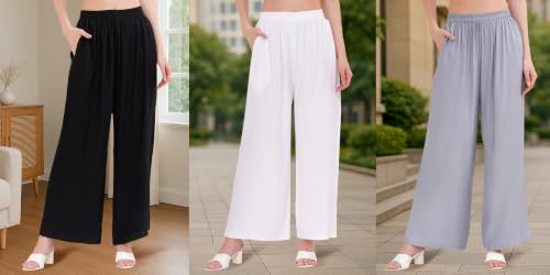 Image of Buy That Trendz Palazzo Pants for Women Rayon Elasticated Regular Fit Flared Wide Leg M to 6XL Pack of 3