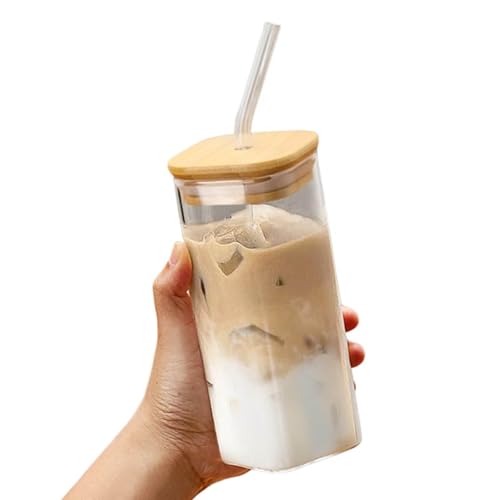 Bkazwe Tasse à Café Glacé Carrée en Verre 400ml - Gobelet Réutilisable Transparent avec Couvercle Étanche, Paille Incluse - Résistant à la Chaleur pour...