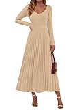 PRETTYGARDEN Women Sweater Dress Fall Fashion 2025 Long Sleeve V Neck Ribbed Knit Pleated A Line Elegant Maxi Winter Dresses (Beige,Large)