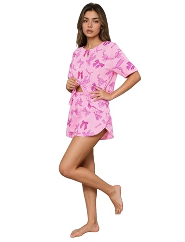 Image of Split Short Pajama Set Soft Women's Striped Pajama Sleeve Tee & Elastic Waist Shorts Lounge Sleepwear
