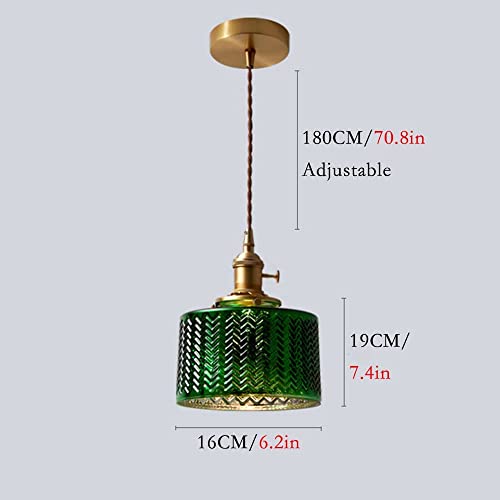 Lámpara colgante de vidrio verde tambor y metal dorado antiguo para techo de cocina 2