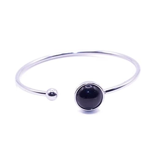 Pulsera de piedra y acero inoxidable. Pulsera flexible, con piedra natural curativa energética. Amuleto de protección. Brazalete mujer. Ideal para regalar. (Obsidiana, Acero inoxidable plateado)