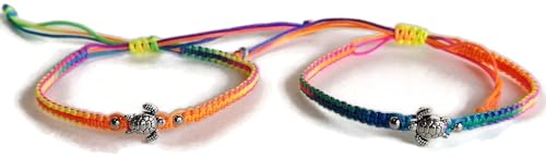 Image of Set of 2 Turtle Pendant Lucky Braided Bracelets Adjustable Fancy Color A-0048
