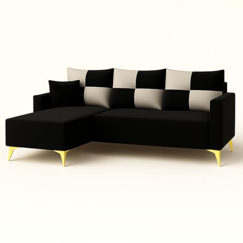 Image of CASASTYLE Brogan 4 Seater Fabric LHS L Shape Sofa Set (Black) in Premium Velvet Finish | Durable Comfort | Ideal for Living Room