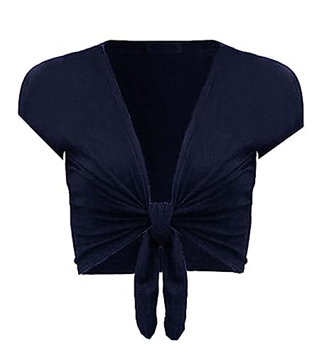 FASHIONISM Damer vardaglig knytbar magtröja dam kortärmad stretch öppen topp dam ledig öppen framsida bolero axelväska, Marinblått Xsp, 42 SE/44 SE