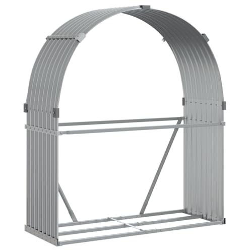 ACAGALA Soporte para leña de chimenea de metal, 120 x 45 x 140 cm, estantería para leña exterior, almacenamiento de leña, acero galvanizado, gris claro