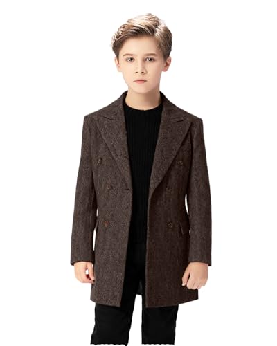 Image of Yavakoor Boys Dark Brown Dress Coat Tweed Herringbone Double Breasted Jacket Winter Peacoat Notch Lapel Long Trench Coats