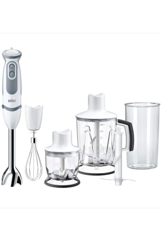 Braun MultiQuick 5 - Minipimer de 1000W Vaso Batidor 1250ml Blanco | Batidora de Mano, PowerBell Plus, 21 Velocidades + Turbo, Splash Control, Picadora 350ml, Vaso 600ml, EasyClick, MQ5245WH