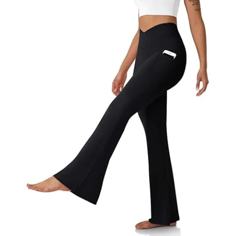 DLOODA Women's Flare Leggings with Pockets-Crossover High Waisted Bootcut Yoga Pants-Tummy Control Bell Bottom Leggings Black Cover