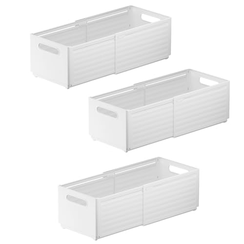 TerraShine 伸縮収納ケース 3個セット 収納ボックス 引き出し 多目的収納ケース 伸縮式 調整可能 仕切り 省スペース クローゼット/冷蔵庫/押し入れ用（白-L）