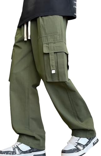 SEAUR Boys Cargo Pants Wide Leg Kids Joggers Casual Cotton Trousers Baggy Trousers Loose Hip Hop Sweatpants Green